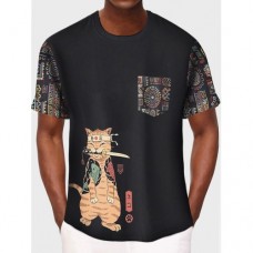 Mens Japanese Cat Geometric Print Crew Neck Short Sleeve T  Shirts