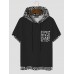 Mens Monochrome Geometric Print Splice Texture Short Sleeve Hooded T  Shirts