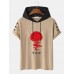 Mens Red Sun Japanese Print Short Sleeve Drawstring Hooded T  Shirts