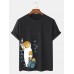 Mens Japanese Style Cat Print Crew Neck Cotton Short Sleeve T  Shirts