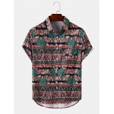 Mens Tribal Floral Print Pocket Hem Cuff Short Sleeve Shirts