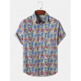 Mens Square Print Retro Short Sleeve Lapel Shirts