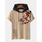 Mens Plum Bossom Character Print Contrast Short Sleeve Hooded T  Shirts