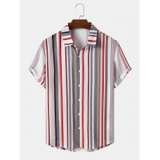 Mens Multicolor Striped Print Short Sleeve Lapel Shirts