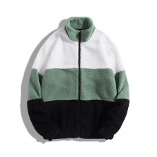 Men Fleece Patchwork Colorblock Stand Collar Zip Jackets